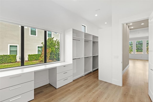 walk in closet featuring built in desk and light wood-type flooring