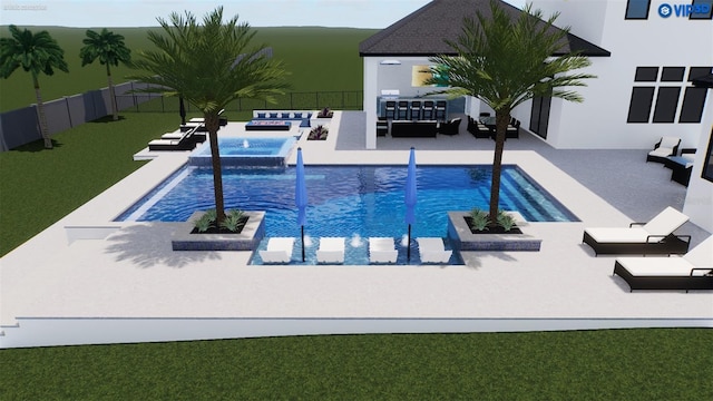 community pool featuring an outdoor living space, a patio area, and fence