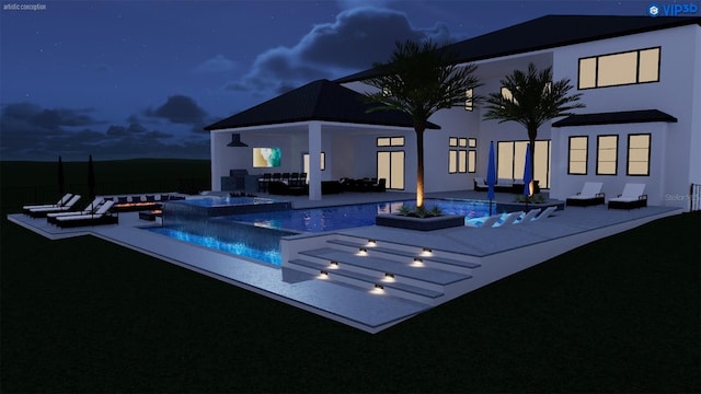 back of house at twilight with an outdoor living space with a fire pit, stucco siding, an infinity pool, and a hot tub