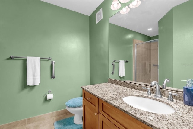 full bath with visible vents, vanity, toilet, tile patterned floors, and a shower stall