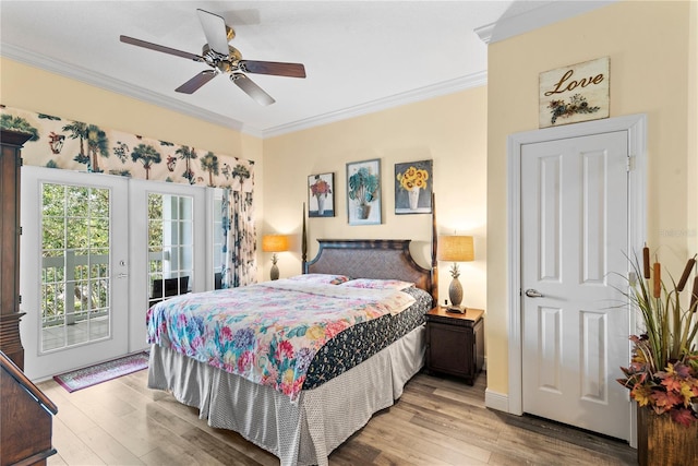 7630 Heritage Crossing Way Unit 302, Reunion, FL 34747 - bedroom with access to exterior, light wood-style floors, ornamental molding, french doors, and ceiling fan