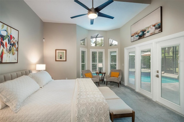 carpeted bedroom featuring vaulted ceiling, french doors, access to exterior, and ceiling fan