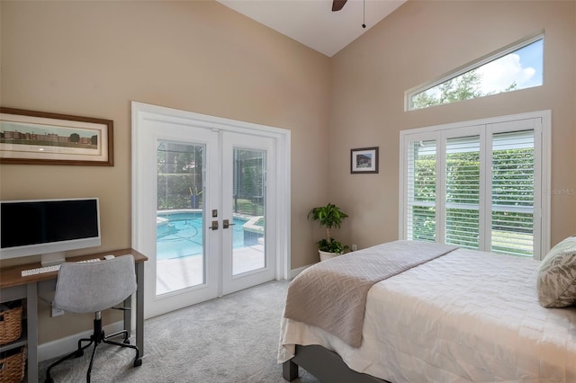 carpeted bedroom featuring french doors, a ceiling fan, high vaulted ceiling, baseboards, and access to outside