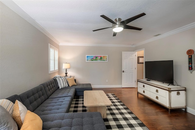 living area featuring crown molding, visible vents, ceiling fan, and dark wood-style floors