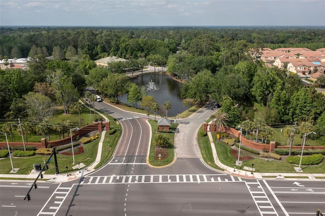 drone / aerial view featuring a water view and a forest view