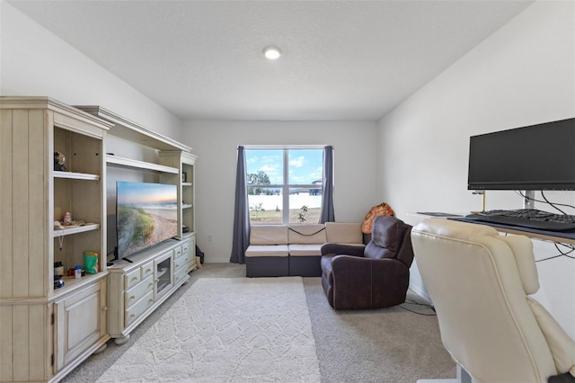 living area with baseboards and light colored carpet