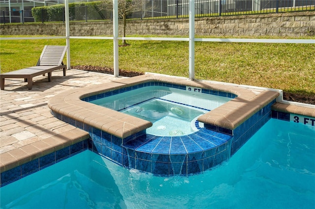 9034 Stinger Dr, Davenport, FL 33896 - view of pool with fence, a fenced in pool, an in ground hot tub, a patio area, and a yard