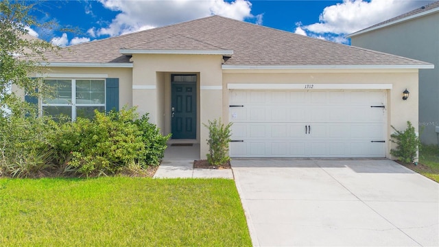 single story home featuring a garage, a front yard, roof with shingles, stucco siding, and driveway