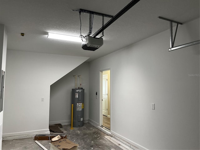 garage with water heater, a garage door opener, and baseboards