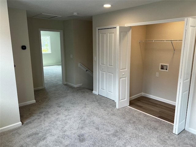 laundry room with hookup for a washing machine, carpet floors, baseboards, and attic access