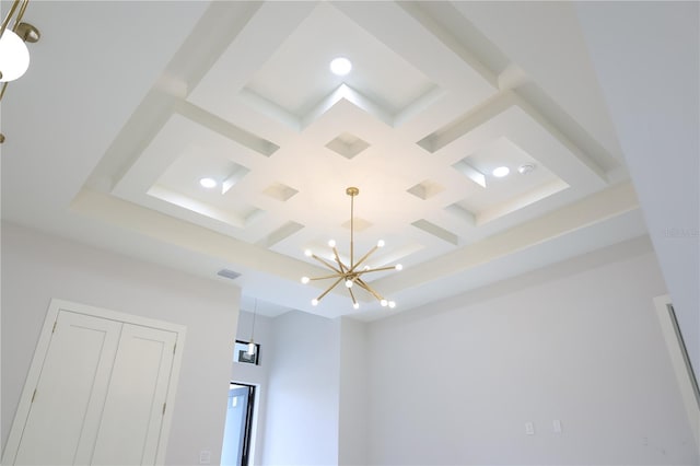 details with beam ceiling, a chandelier, recessed lighting, visible vents, and coffered ceiling