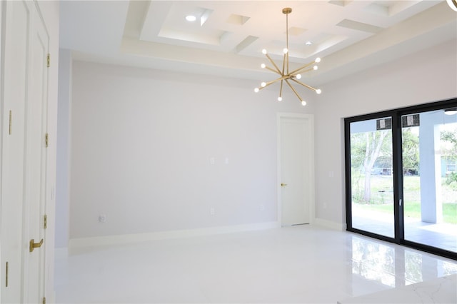 tiled empty room featuring recessed lighting, a notable chandelier, and coffered ceiling