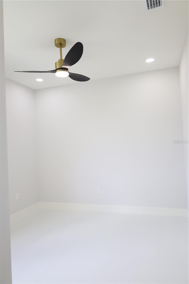 unfurnished room featuring ceiling fan, recessed lighting, and visible vents