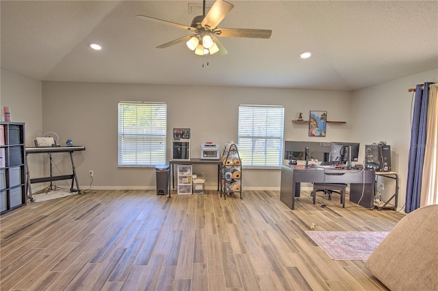 office space with wood finished floors, recessed lighting, baseboards, and ceiling fan