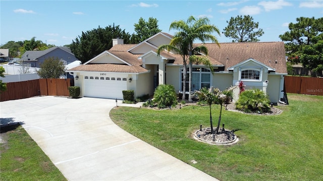 ranch-style home with a garage, stucco siding, driveway, and a chimney