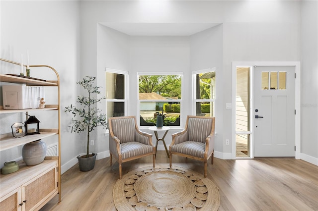 living area with baseboards, a towering ceiling, and wood finished floors