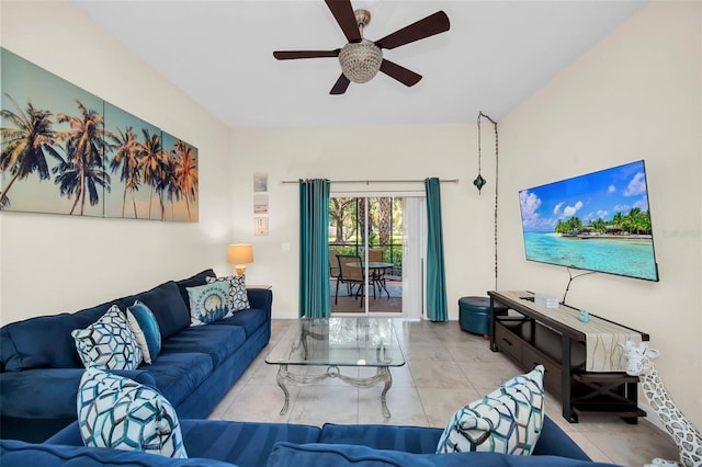 living room featuring tile patterned flooring and ceiling fan