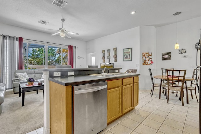 344 Cadiz Loop, Davenport, FL 33837 - kitchen featuring stainless steel dishwasher, open floor plan, a sink, a ceiling fan, and light tile patterned floors