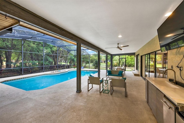 311 Needles Trl, Longwood, FL 32779 - swimming pool featuring a sink, a patio, ceiling fan, and a lanai