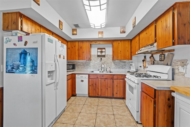 kitchen with visible vents, white appliances, under cabinet range hood, brown cabinets, and a sink