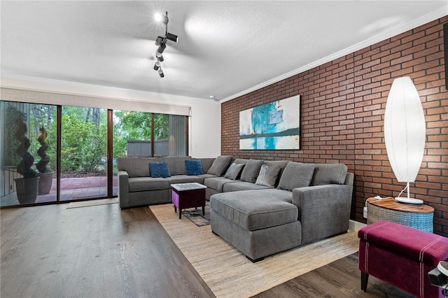 111 Crown Oaks Way Unit 101, Longwood, FL 32779 - living area featuring wood finished floors, brick wall, ornamental molding, and track lighting