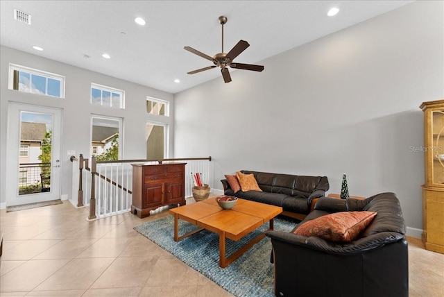 13865 Granger Ave, Orlando, FL 32827 - living room featuring high vaulted ceiling, a ceiling fan, recessed lighting, and visible vents