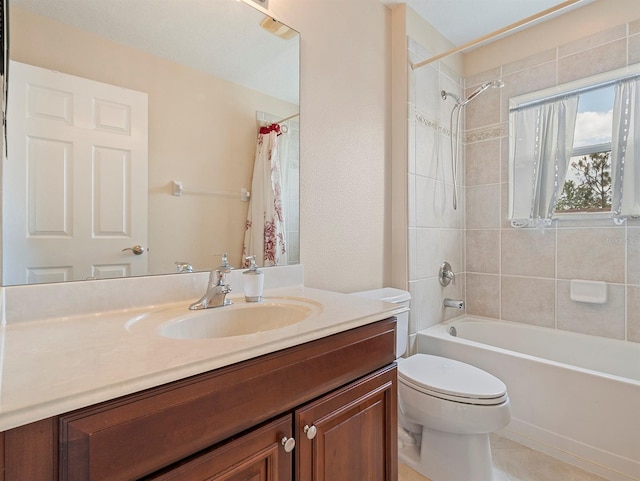 full bathroom with toilet, shower / tub combo with curtain, and vanity