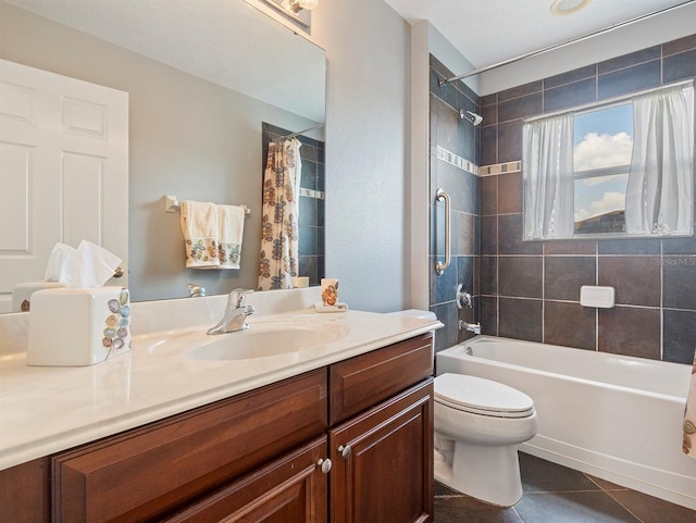 bathroom with vanity, tile patterned flooring, toilet, and shower / bath combination with curtain