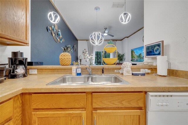 510 Rum Run Unit 33-510, Davenport, FL 33837 - kitchen with white dishwasher, a sink, a ceiling fan, light countertops, and crown molding