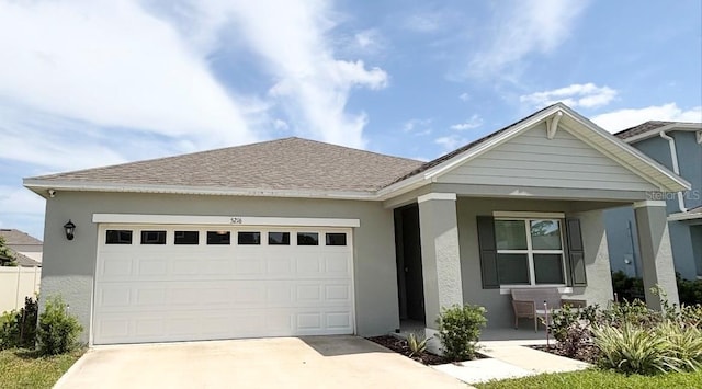 5216 Greenheart Ave, Mount Dora, FL 32757 - ranch-style house with an attached garage, concrete driveway, stucco siding, and a porch