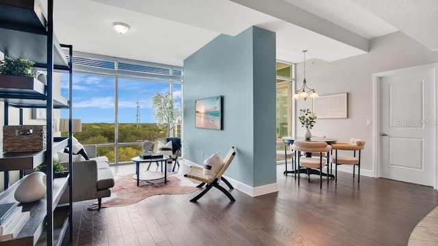 interior space with dark wood-style flooring, baseboards, floor to ceiling windows, and an inviting chandelier