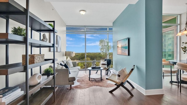 living area featuring baseboards, a wall of windows, and dark wood-style floors