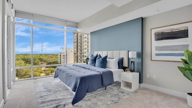 bedroom featuring carpet floors, baseboards, floor to ceiling windows, and multiple windows