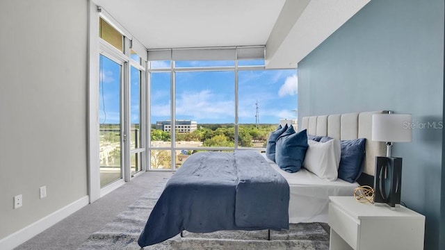 bedroom featuring carpet floors, floor to ceiling windows, and baseboards