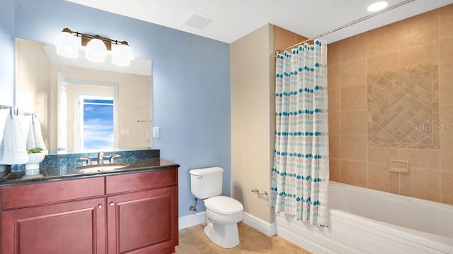 full bathroom featuring vanity, toilet, tile patterned floors, shower / bathtub combination with curtain, and visible vents