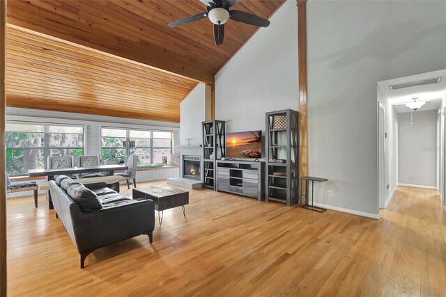 9503 Alice Ln, Riverview, FL 33578 - living area with wood ceiling, high vaulted ceiling, ceiling fan, a lit fireplace, and wood finished floors