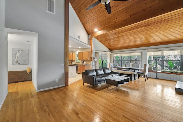9503 Alice Ln, Riverview, FL 33578 - living room featuring high vaulted ceiling, wood ceiling, a ceiling fan, and light wood-style flooring