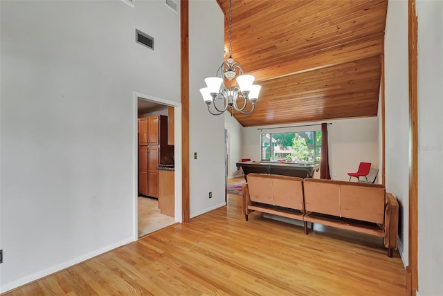 9503 Alice Ln, Riverview, FL 33578 - dining space with light wood-style floors, a chandelier, high vaulted ceiling, and wooden ceiling