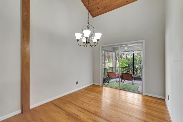 9503 Alice Ln, Riverview, FL 33578 - unfurnished room featuring wood finished floors, a chandelier, high vaulted ceiling, and wood ceiling