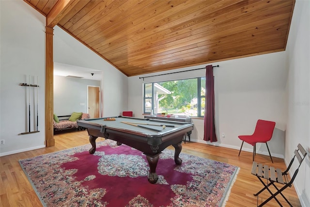 9503 Alice Ln, Riverview, FL 33578 - rec room featuring vaulted ceiling, wooden ceiling, billiards, and light wood finished floors