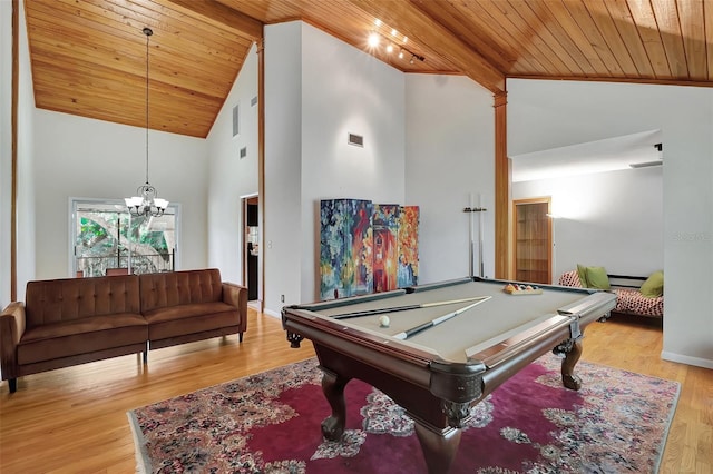 9503 Alice Ln, Riverview, FL 33578 - game room with wood ceiling, high vaulted ceiling, billiards, a chandelier, and light wood-type flooring