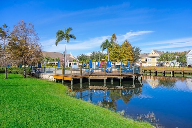 view of dock featuring a yard and a water view