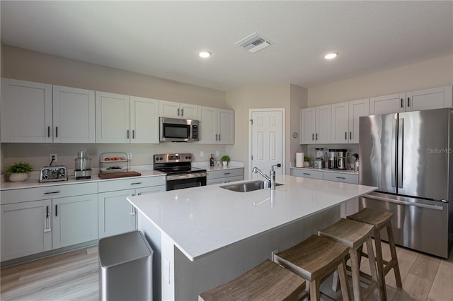 kitchen with visible vents, a kitchen bar, light countertops, a sink, and stainless steel appliances