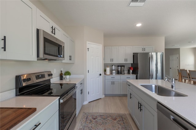 kitchen featuring visible vents, light wood-style floors, light countertops, a sink, and appliances with stainless steel finishes