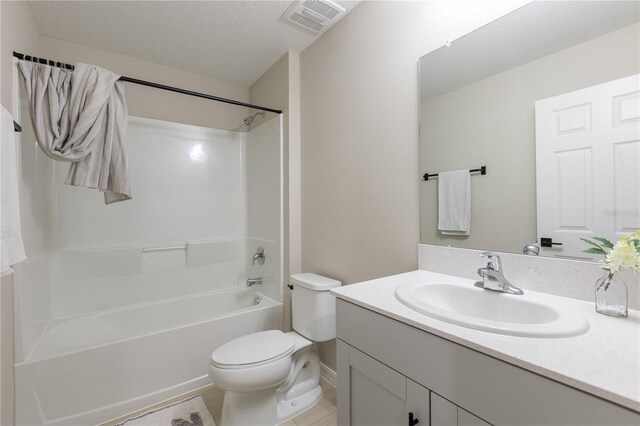 full bath featuring toilet, visible vents, shower / tub combination, and vanity