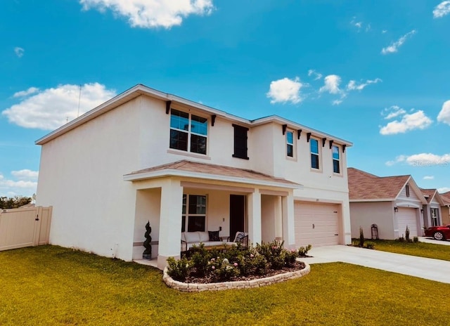 view of front facade with stucco siding, an attached garage, driveway, covered porch, and roof with shingles