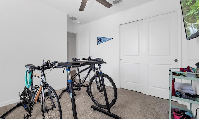 workout area with carpet, ceiling fan, and baseboards