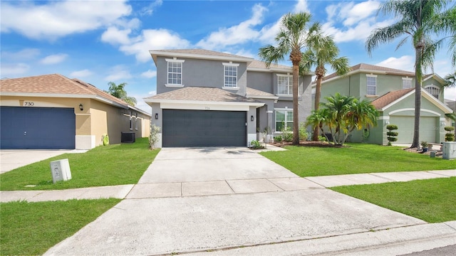 726 Lake Biscayne Way, Orlando, FL 32824 - view of front of house with stucco siding, a front yard, a garage, and concrete driveway