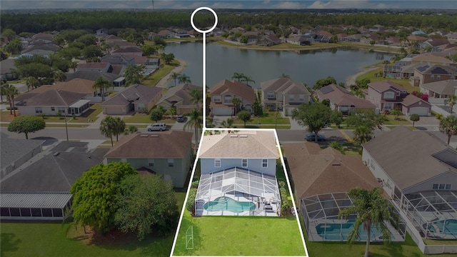 726 Lake Biscayne Way, Orlando, FL 32824 - aerial perspective of suburban area with a pool, property boundaries highlighted, and a large body of water