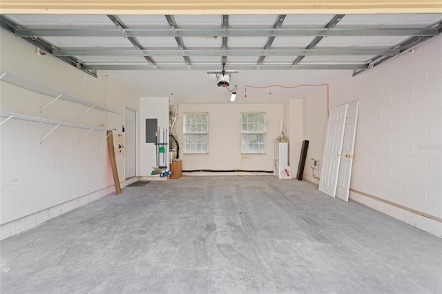 garage with electric panel and a garage door opener